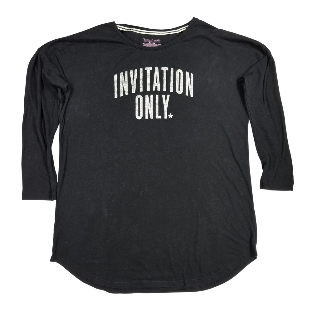 Victorias Secret Invitation Only Graphic Tee Black Silver Glitter XL Long Sleeve